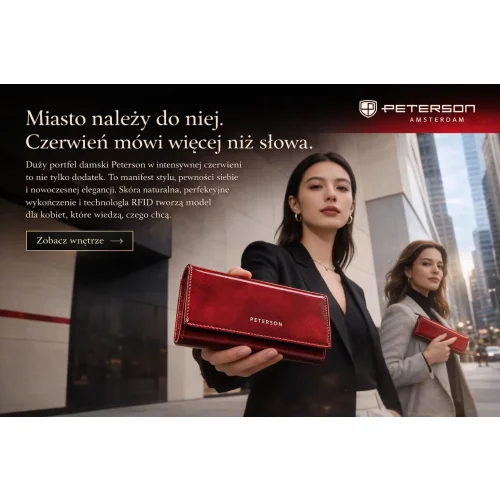 Duży czerwony portfel damski Peterson RFID – elegancka kampania lifestyle Large red women's leather wallet Peterson RFID – premium lifestyle campaign